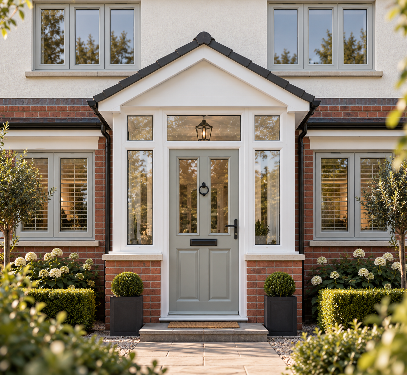 Pale sage composite front door with two glazed panels beneath a white porch, flanked by clipped box in square planters