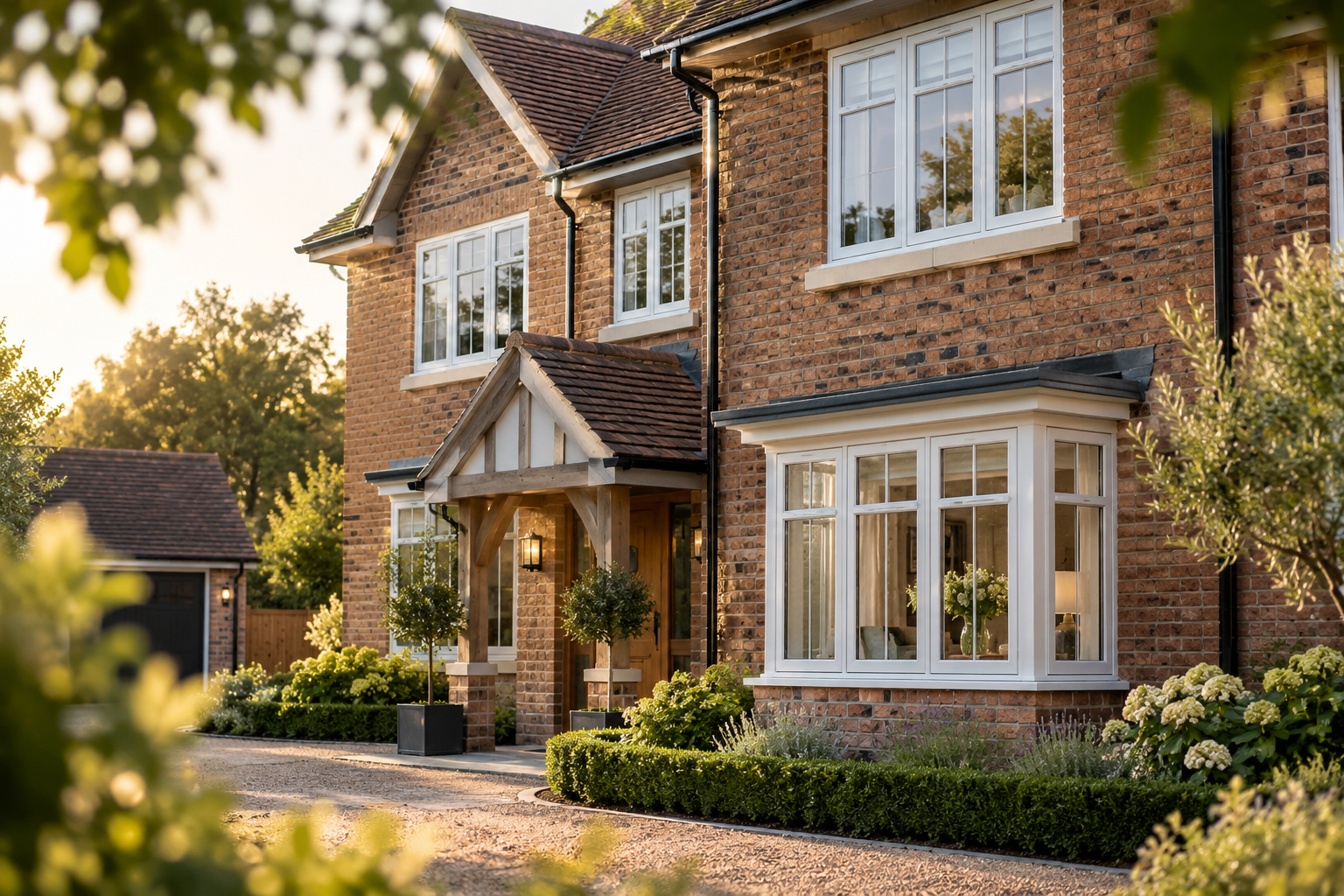 Brick family home with white casement windows and a bay, lit by low evening sun