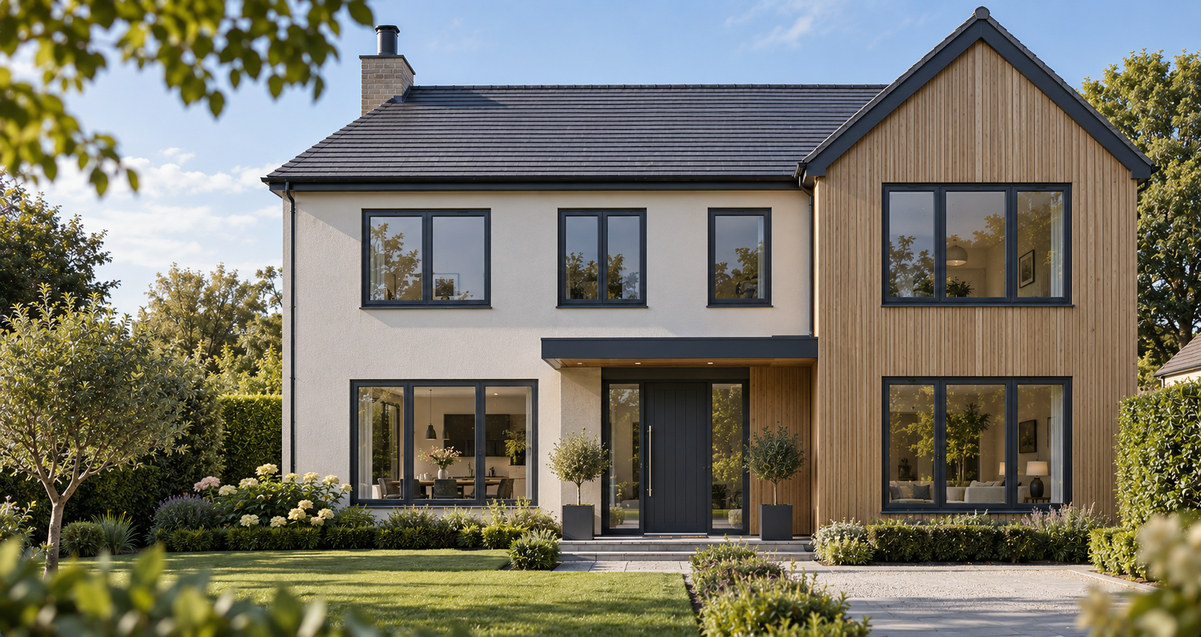 A contemporary rendered and timber-clad house with charcoal flush windows and a charcoal front door beneath a flat canopy, lawn and planting in front