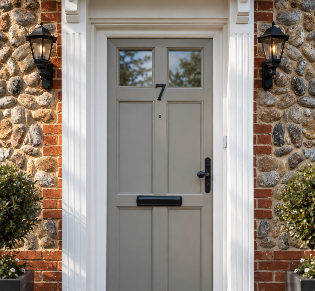 Stone-coloured panelled front door with two small glazed lights between white fluted pilasters, flint and brick walls and a pair of black lanterns